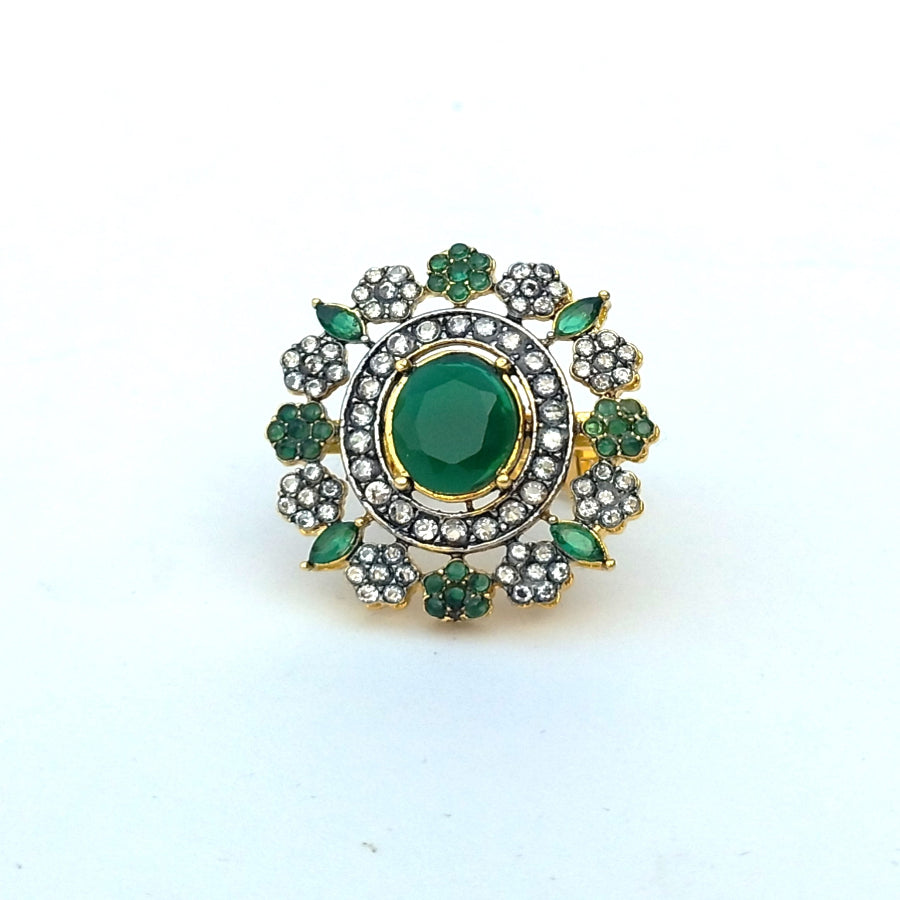 Golden Green  Floral Ring With White Crystal
