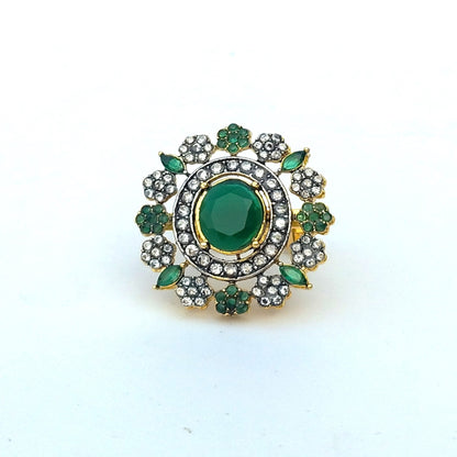 Golden Green  Floral Ring With White Crystal