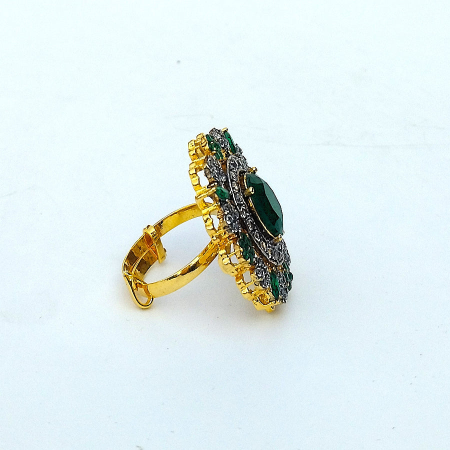 Golden Green  Floral Ring With White Crystal