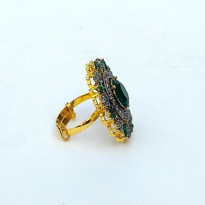 Golden Green  Floral Ring With White Crystal