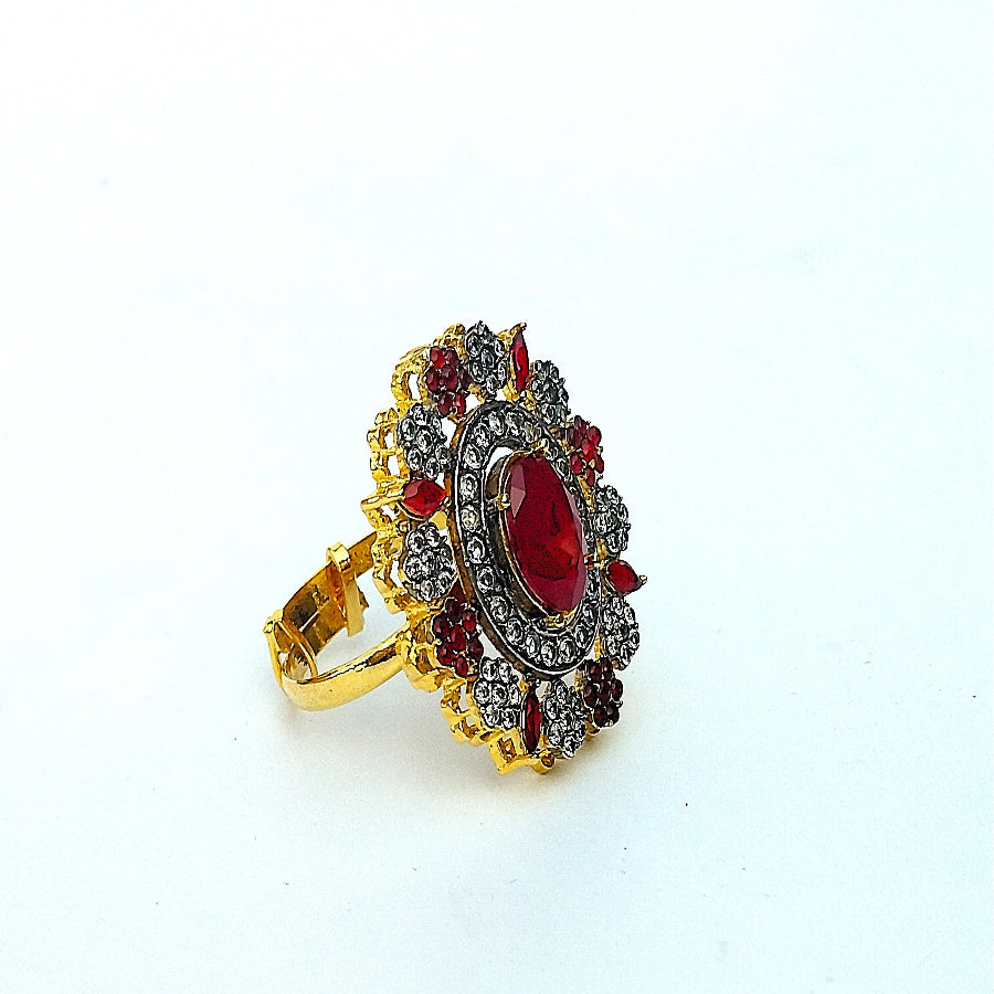 Golden Red  Floral Ring With White Crystal