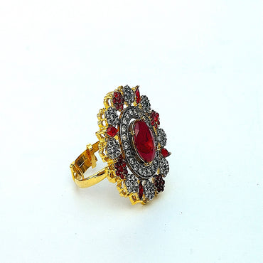 Golden Red  Floral Ring With White Crystal