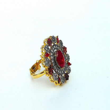 Golden Red  Floral Ring With White Crystal