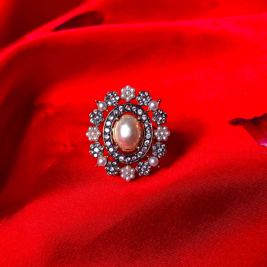 Golden White Floral Ring With White Crystal