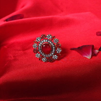 Golden Red  Floral Ring With White Crystal